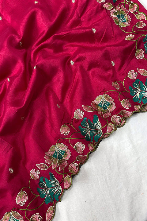 VastraLakshmi Arresting Dark Pink Embroidery Work Tussar Silk Saree With Fairytale Blouse Piece