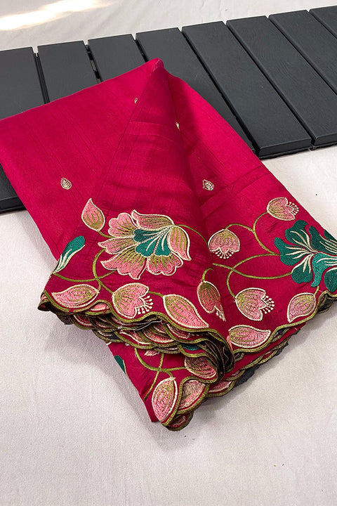 VastraLakshmi Arresting Dark Pink Embroidery Work Tussar Silk Saree With Fairytale Blouse Piece