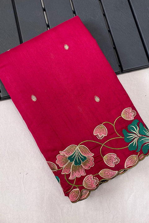 VastraLakshmi Arresting Dark Pink Embroidery Work Tussar Silk Saree With Fairytale Blouse Piece