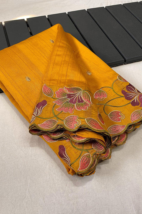 VastraLakshmi Groovy Mustard Embroidery Work Tussar Silk Saree With Flamboyant Blouse Piece