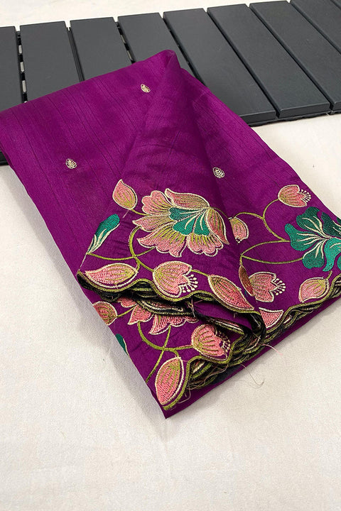 VastraLakshmi Designer Purple Embroidery Work Tussar Silk Saree With Glowing Blouse Piece