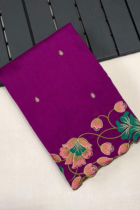 VastraLakshmi Designer Purple Embroidery Work Tussar Silk Saree With Glowing Blouse Piece