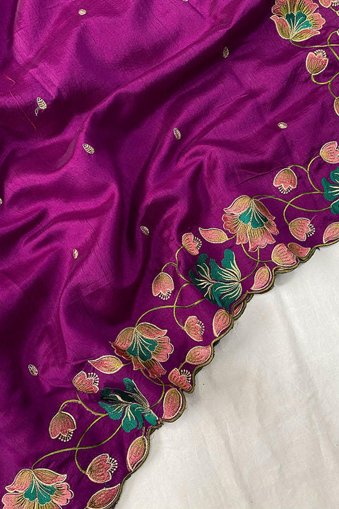 VastraLakshmi Designer Purple Embroidery Work Tussar Silk Saree With Glowing Blouse Piece