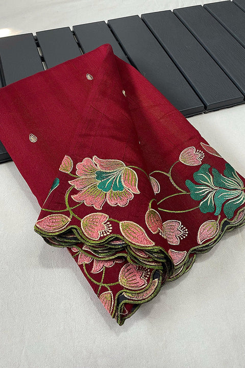 VastraLakshmi Unique Red Embroidery Work Tussar Silk Saree With Sizzling Blouse Piece