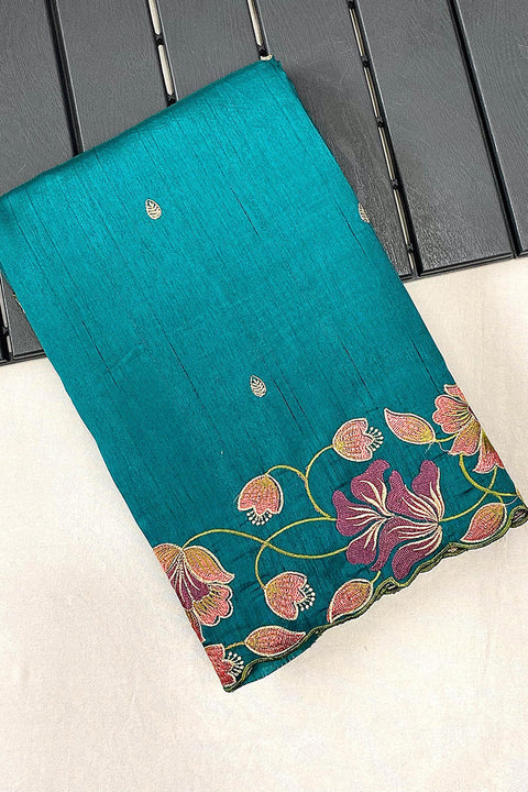 VastraLakshmi Designer Turquoise Embroidery Work Tussar Silk Saree With Blooming Blouse Piece