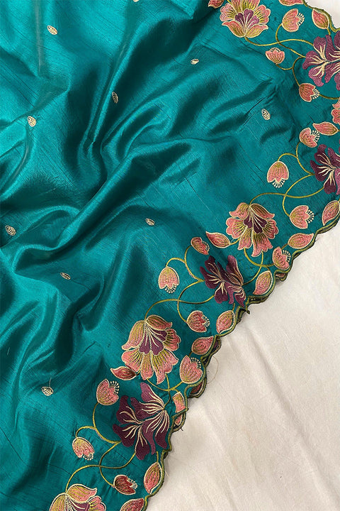 VastraLakshmi Designer Turquoise Embroidery Work Tussar Silk Saree With Blooming Blouse Piece