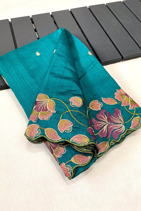 VastraLakshmi Designer Turquoise Embroidery Work Tussar Silk Saree With Blooming Blouse Piece