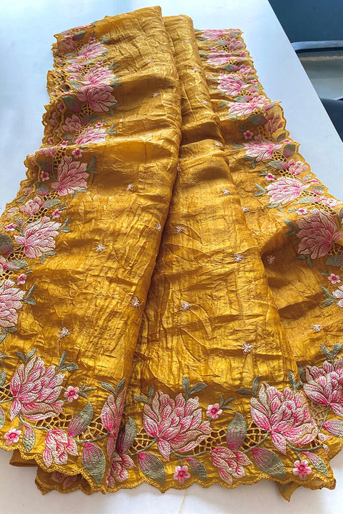 VastraLakshmi Ethereal Mustard Embroidery Work Crush Silk Saree With Scrupulous Blouse Piece