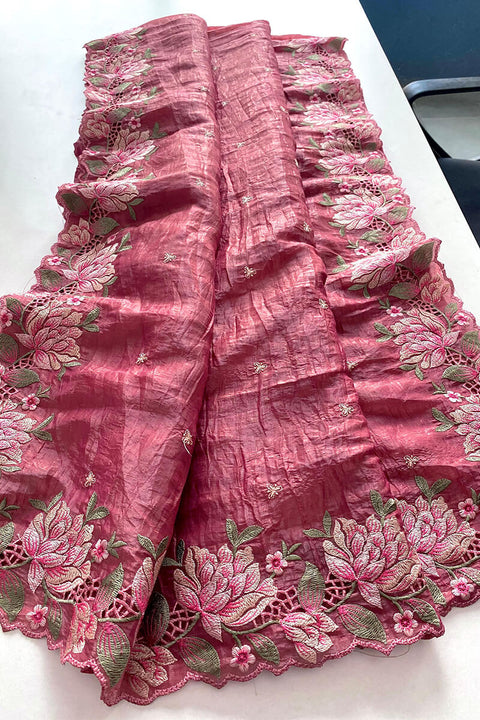 VastraLakshmi Alluring Pink Embroidery Work Crush Silk Saree With Resplendent Blouse Piece