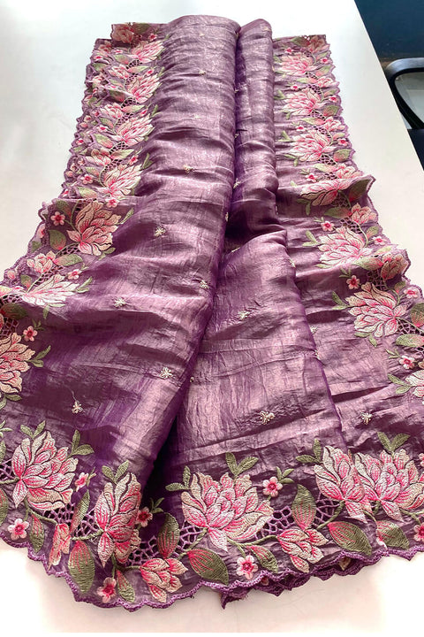 VastraLakshmi Glittering Purple Embroidery Work Crush Silk Saree With Magnificat Blouse Piece