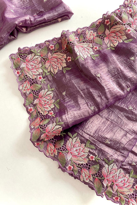 VastraLakshmi Glittering Purple Embroidery Work Crush Silk Saree With Magnificat Blouse Piece