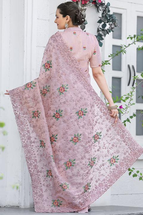 VastraLakshmi Glowing Baby Pink Embroidery Work Chiffon Silk Saree With Opulent Blouse Piece