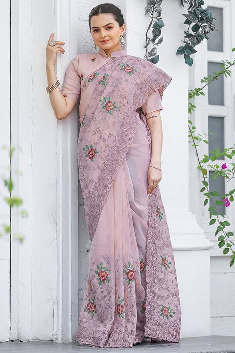 VastraLakshmi Glowing Baby Pink Embroidery Work Chiffon Silk Saree With Opulent Blouse Piece