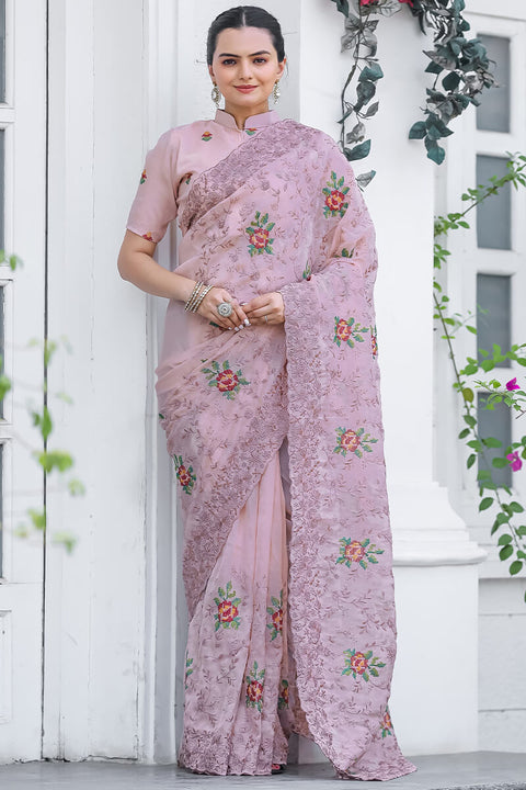 VastraLakshmi Glowing Baby Pink Embroidery Work Chiffon Silk Saree With Opulent Blouse Piece