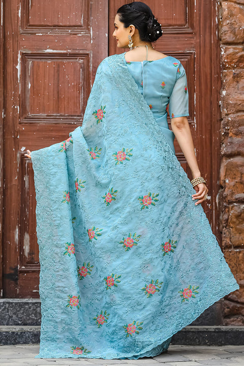 VastraLakshmi Murmurous Firozi Embroidery Work Chiffon Silk Saree With Devastating Blouse Piece