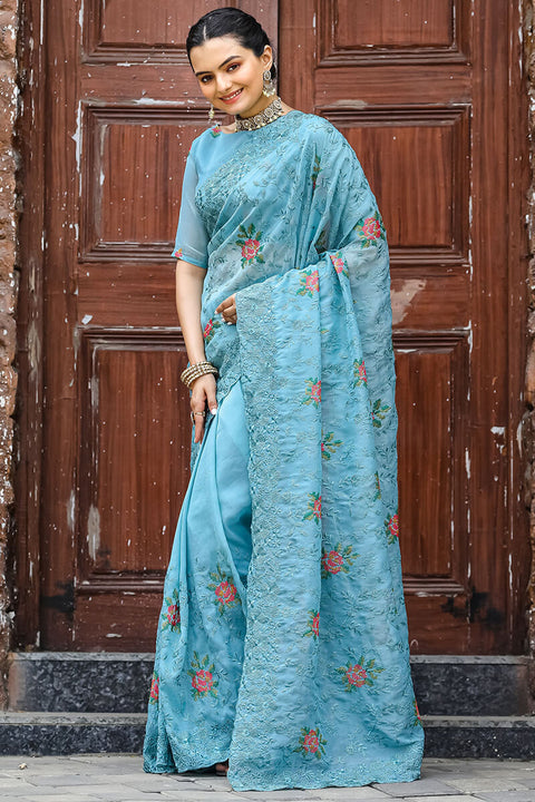 VastraLakshmi Murmurous Firozi Embroidery Work Chiffon Silk Saree With Devastating Blouse Piece