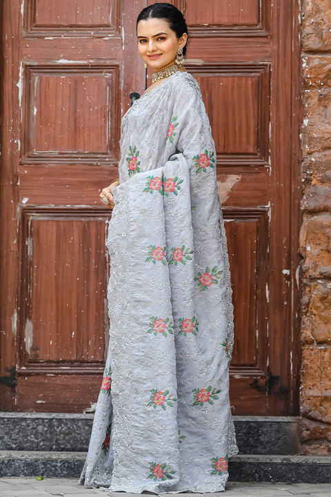 VastraLakshmi Magnificat Grey Embroidery Work Chiffon Silk Saree With Piquant Blouse Piece