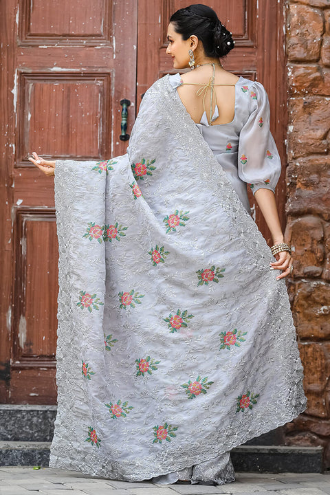 VastraLakshmi Magnificat Grey Embroidery Work Chiffon Silk Saree With Piquant Blouse Piece