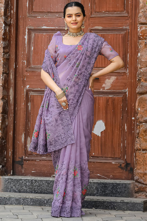 VastraLakshmi Resonant Lavender Embroidery Work Chiffon Silk Saree With Mellifluous Blouse Piece