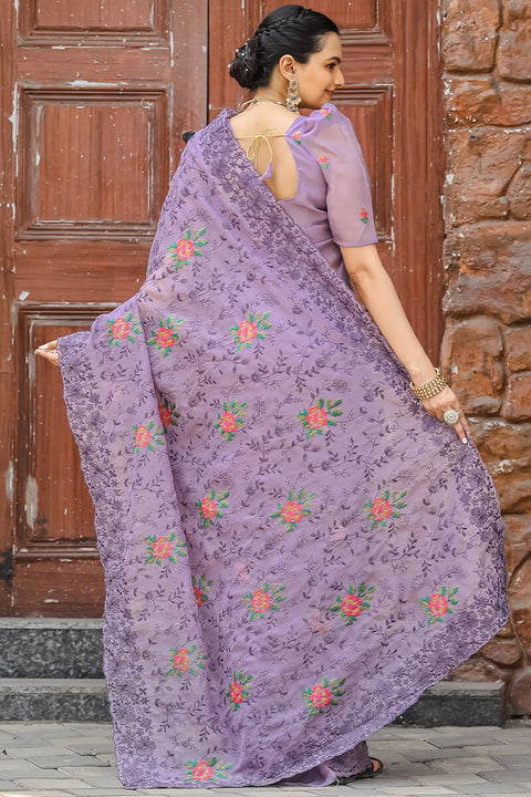 VastraLakshmi Resonant Lavender Embroidery Work Chiffon Silk Saree With Mellifluous Blouse Piece