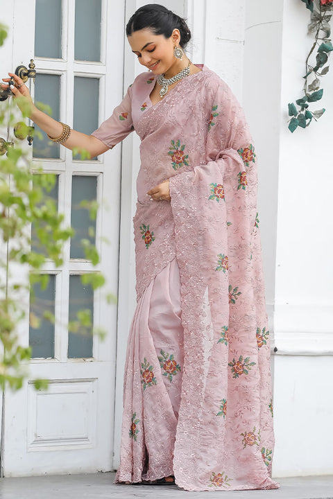 VastraLakshmi Zephyr Peach Embroidery Work Chiffon Silk Saree With Inimitable Blouse Piece