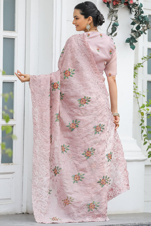 VastraLakshmi Zephyr Peach Embroidery Work Chiffon Silk Saree With Inimitable Blouse Piece