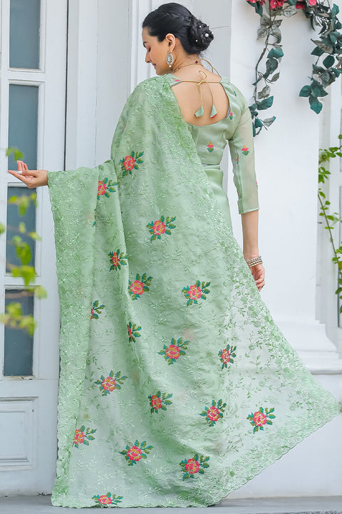 VastraLakshmi Eclat Pista Embroidery Work Chiffon Silk Saree With Rhapsodic Blouse Piece