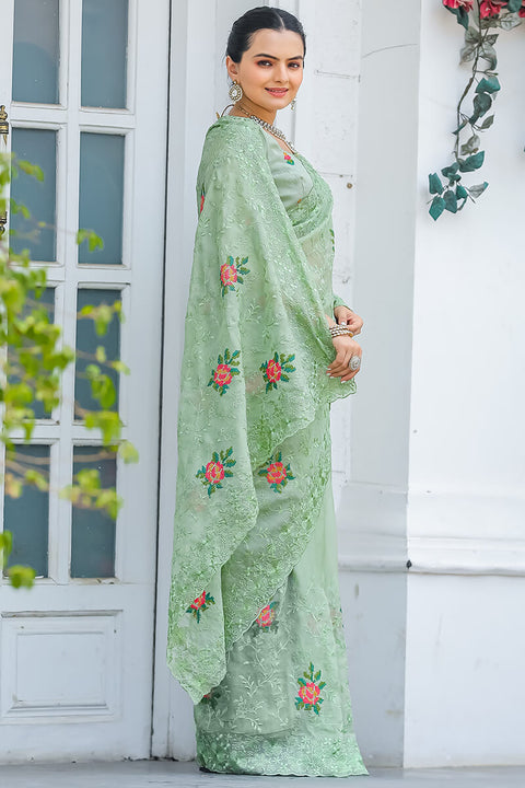 VastraLakshmi Eclat Pista Embroidery Work Chiffon Silk Saree With Rhapsodic Blouse Piece