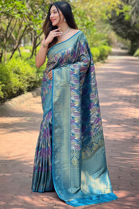 VastraLakshmi Gorgeous Firozi Kanjivaram Silk Saree With Stylish Blouse Piece