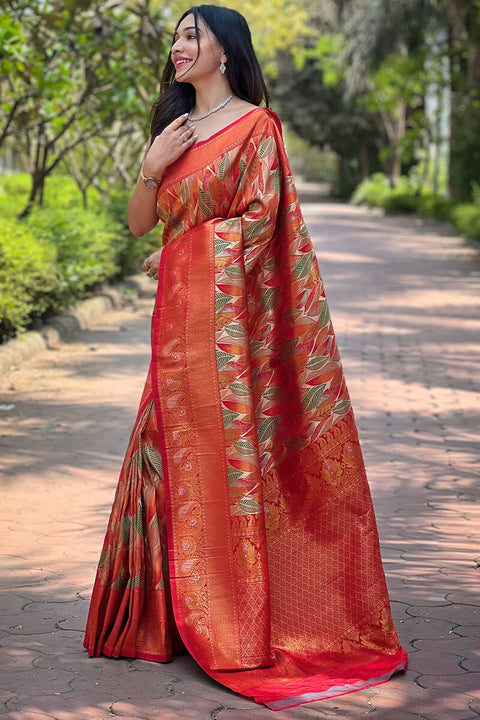 VastraLakshmi Opulent Red Kanjivaram Silk Saree With Mesmeric Blouse Piece