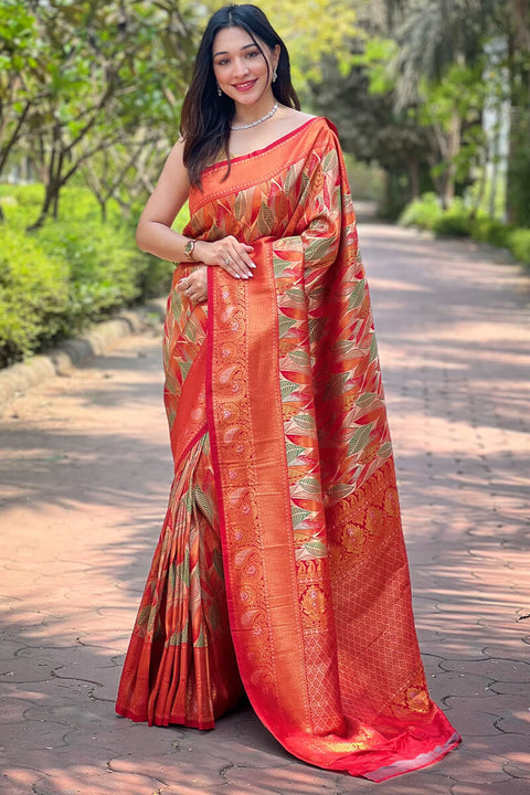 VastraLakshmi Opulent Red Kanjivaram Silk Saree With Mesmeric Blouse Piece