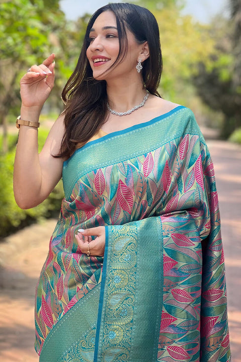 VastraLakshmi Admirable Turquoise Kanjivaram Silk Saree With Dissemble Blouse Piece