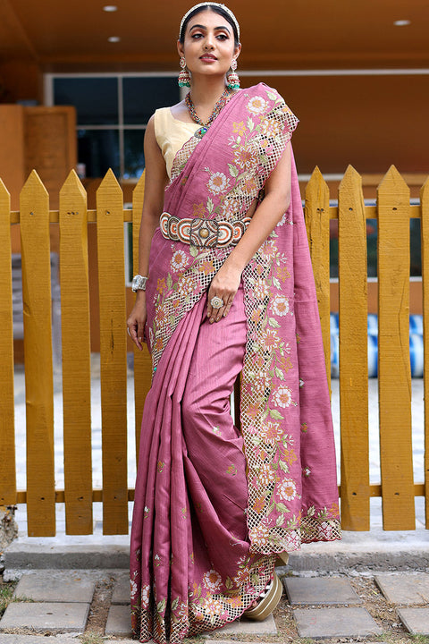 VastraLakshmi Gratifying Pink Embroidery Work Soft Silk Saree With Groovy Blouse Piece