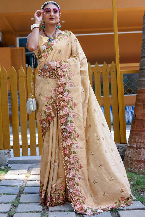 VastraLakshmi Fragrant Beige Embroidery Work Soft Silk Saree With Woebegone Blouse Piece