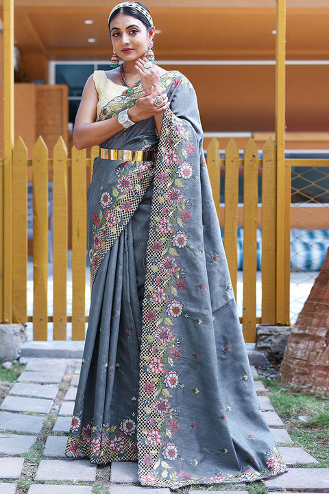 VastraLakshmi Propinquity Grey Embroidery Work Soft Silk Saree With Gossamer Blouse Piece