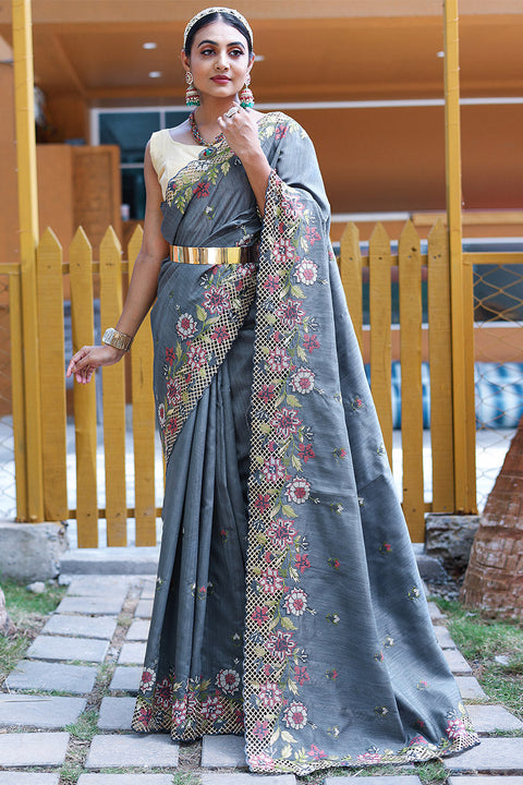 VastraLakshmi Propinquity Grey Embroidery Work Soft Silk Saree With Gossamer Blouse Piece