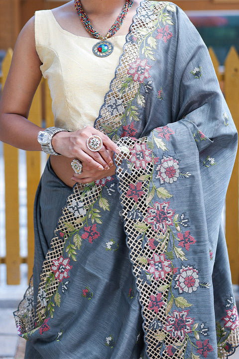 VastraLakshmi Propinquity Grey Embroidery Work Soft Silk Saree With Gossamer Blouse Piece