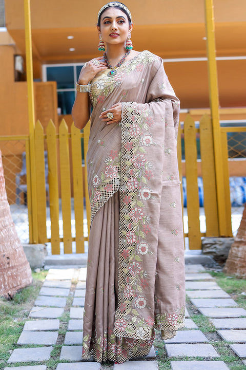 VastraLakshmi Diaphanous Light Grey Embroidery Work Soft Silk Saree With Assemblage Blouse Piece