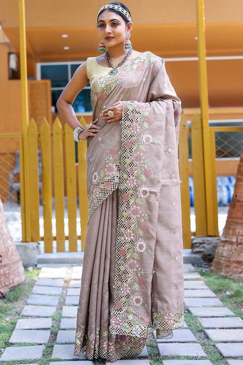 VastraLakshmi Diaphanous Light Grey Embroidery Work Soft Silk Saree With Assemblage Blouse Piece