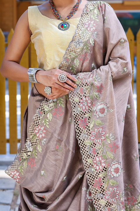 VastraLakshmi Diaphanous Light Grey Embroidery Work Soft Silk Saree With Assemblage Blouse Piece