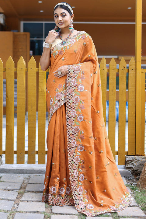 VastraLakshmi Traditional Orange Embroidery Work Soft Silk Saree With Inspiring Blouse Piece