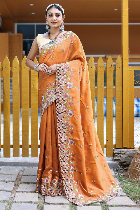 VastraLakshmi Traditional Orange Embroidery Work Soft Silk Saree With Inspiring Blouse Piece