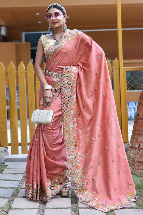 VastraLakshmi Mesmeric Peach Embroidery Work Soft Silk Saree With Adorable Blouse Piece