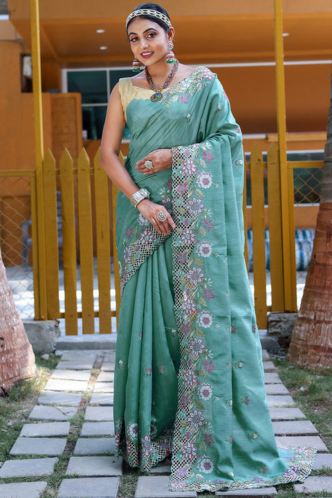 VastraLakshmi Designer Rama Embroidery Work Soft Silk Saree With Mesmerising Blouse Piece