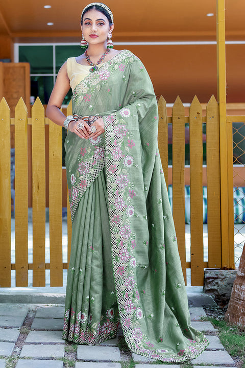 VastraLakshmi Sophisticated Teal Green Embroidery Work Soft Silk Saree With Classy Blouse Piece