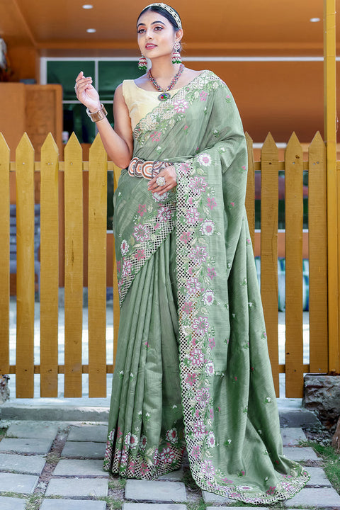 VastraLakshmi Sophisticated Teal Green Embroidery Work Soft Silk Saree With Classy Blouse Piece