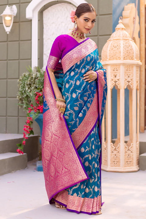 VastraLakshmi Adorable Blue Soft Banarasi Silk Saree With Girlish Blouse Piece