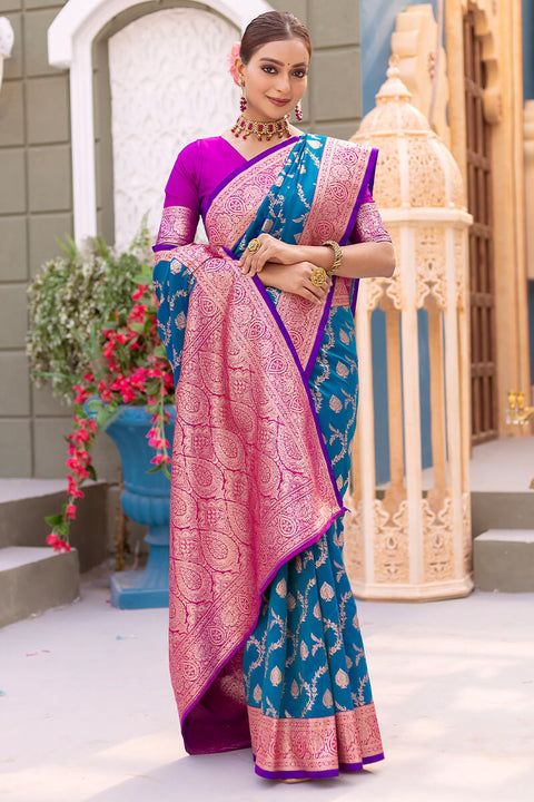 VastraLakshmi Adorable Blue Soft Banarasi Silk Saree With Girlish Blouse Piece