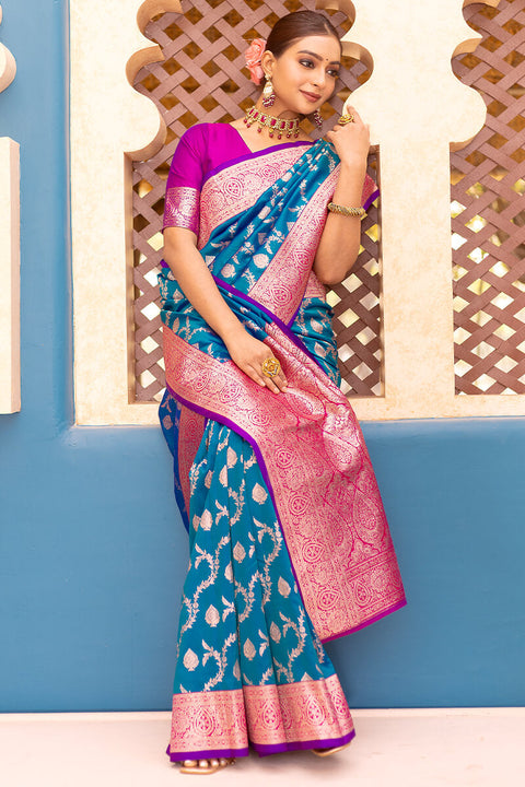 VastraLakshmi Adorable Blue Soft Banarasi Silk Saree With Girlish Blouse Piece