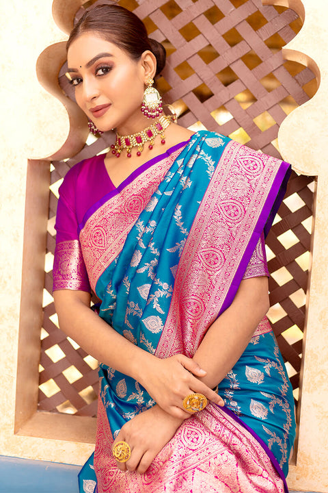 VastraLakshmi Adorable Blue Soft Banarasi Silk Saree With Girlish Blouse Piece